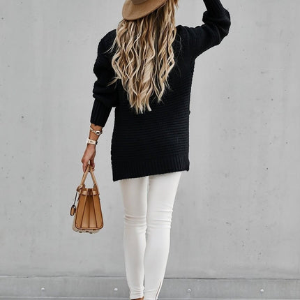 Women's Sweater Round Neck Side Split Long Sleeve Solid Color Half Turtleneck Solid Color Bundle Oversized Ribbed Knit Pullover Sweater Top