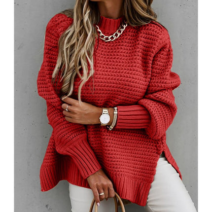 Women's Sweater Round Neck Side Split Long Sleeve Solid Color Half Turtleneck Solid Color Bundle Oversized Ribbed Knit Pullover Sweater Top