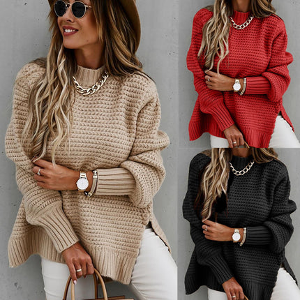 Women's Sweater Round Neck Side Split Long Sleeve Solid Color Half Turtleneck Solid Color Bundle Oversized Ribbed Knit Pullover Sweater Top