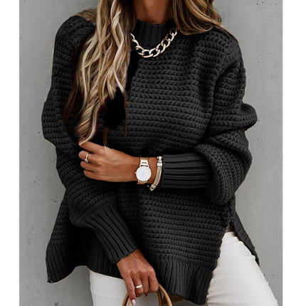 Women's Sweater Round Neck Side Split Long Sleeve Solid Color Half Turtleneck Solid Color Bundle Oversized Ribbed Knit Pullover Sweater Top