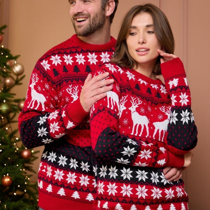Couple's Christmas Sweater Round Neck Elk Jacquard Long Sleeve Winter Pullover Sweater Autumn and Winter Christmas Sweater