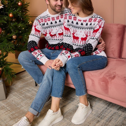 Couple's Christmas Sweater Round Neck Elk Jacquard Long Sleeve Winter Pullover Sweater Autumn and Winter Christmas Sweater