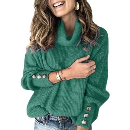 Womens Sweaters Fall High Neck Cuff Long Sleeve Solid Color Tops Button Knit Pullover Sweaters Clothes for Women