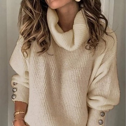 Womens Sweaters Fall High Neck Cuff Long Sleeve Solid Color Tops Button Knit Pullover Sweaters Clothes for Women