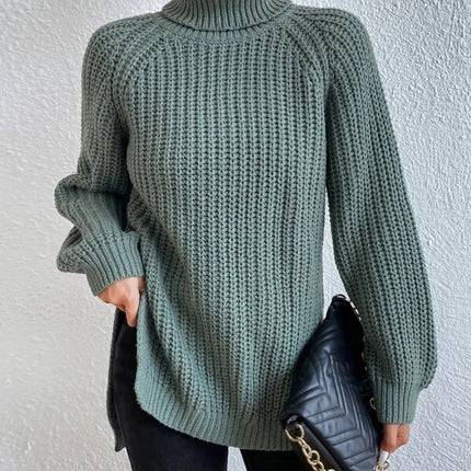 Women's high-neck sweater dress fall and winter mid-length shoulder insertion long-sleeved solid color Slim side split warm long sweater dress