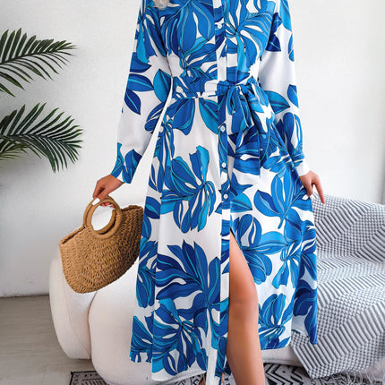 Women's Vintage Short Sleeve Lapel Floral Printed Long Sleeve Long Bow Tie Dress Single Breasted Waist Dresses