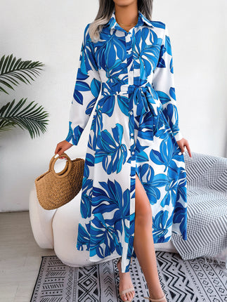 Women's Vintage Short Sleeve Lapel Floral Printed Long Sleeve Long Bow Tie Dress Single Breasted Waist Dresses
