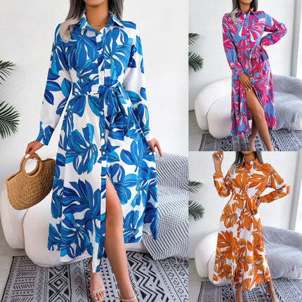 Women's Vintage Short Sleeve Lapel Floral Printed Long Sleeve Long Bow Tie Dress Single Breasted Waist Dresses