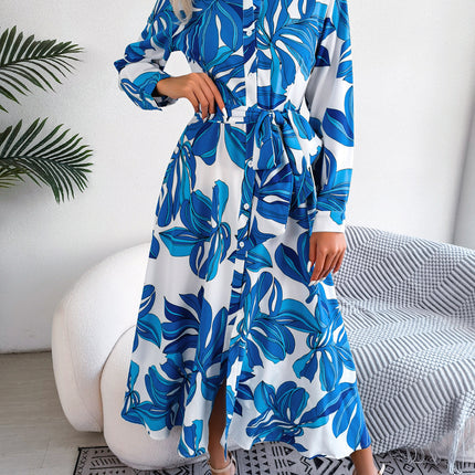 Women's Vintage Short Sleeve Lapel Floral Printed Long Sleeve Long Bow Tie Dress Single Breasted Waist Dresses