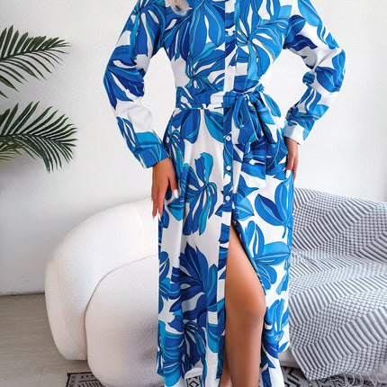 Women's Vintage Short Sleeve Lapel Floral Printed Long Sleeve Long Bow Tie Dress Single Breasted Waist Dresses