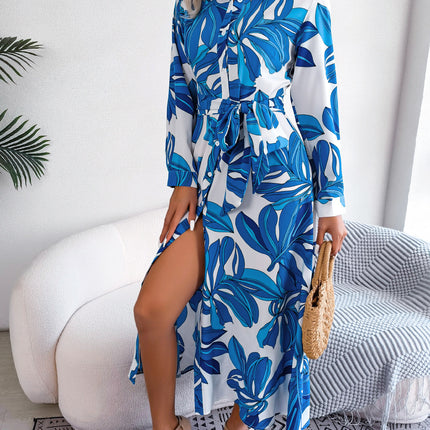 Women's Vintage Short Sleeve Lapel Floral Printed Long Sleeve Long Bow Tie Dress Single Breasted Waist Dresses