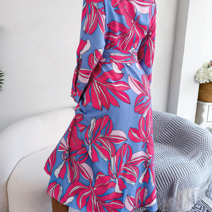 Women's Vintage Short Sleeve Lapel Floral Printed Long Sleeve Long Bow Tie Dress Single Breasted Waist Dresses