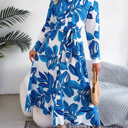 Women's Vintage Short Sleeve Lapel Floral Printed Long Sleeve Long Bow Tie Dress Single Breasted Waist Dresses