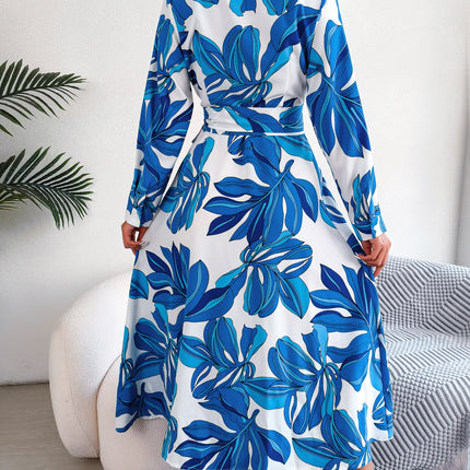 Women's Vintage Short Sleeve Lapel Floral Printed Long Sleeve Long Bow Tie Dress Single Breasted Waist Dresses