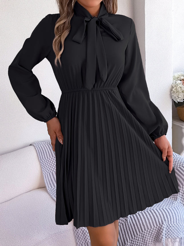 Fashion Women's Solid Color Bow V-Neck Long Sleeve Dress Pleated Elastic Waist Dress Casual Women's Big Hem Dresses