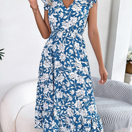 Women's Wood Ear Side Crewneck Ruffle Covered Sleeve Dress Summer Floral Bohemian Flowing Waist Long Dresses