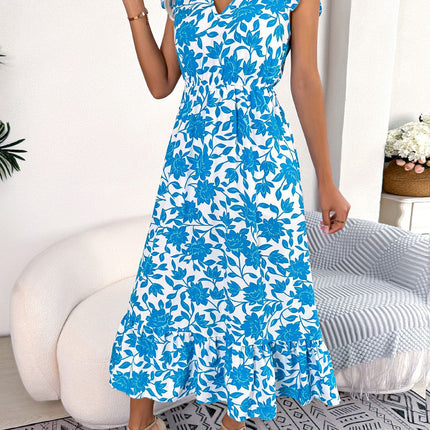 Women's Wood Ear Side Crewneck Ruffle Covered Sleeve Dress Summer Floral Bohemian Flowing Waist Long Dresses