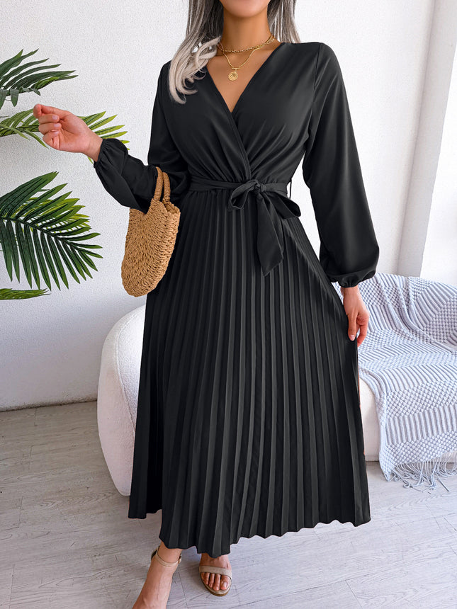 Fashion Women's Solid Color Temperament Crossover V-Neck Long Sleeve Dress Pleated Tie Waist Dress Waist Tie Pleated Dress