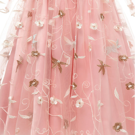 Women's Summer Chiffon Dress Flower Leaf Print Embroidered Halter Long Puffy Sleeve Tulle Mesh Puffy Princess Dresses