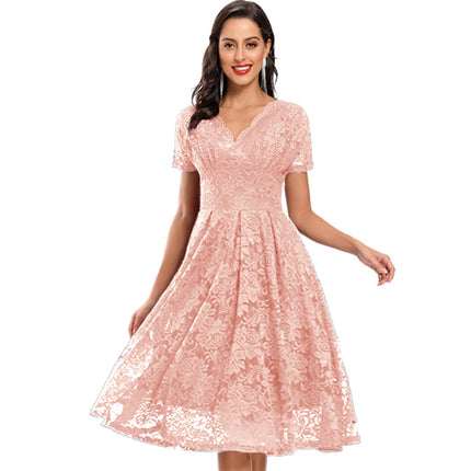 Women's Crushed Lace Prom Dresses V Neck Vintage Dresses Short Sleeve Formal Swing Dresses Bridesmaid Cocktail Party Dresses