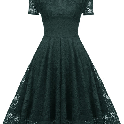 Women's Crushed Lace Prom Dresses V Neck Vintage Dresses Short Sleeve Formal Swing Dresses Bridesmaid Cocktail Party Dresses