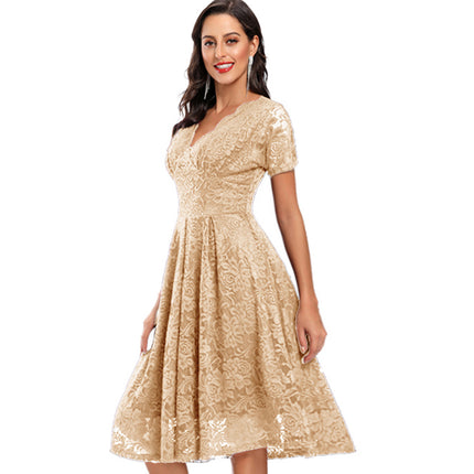 Women's Crushed Lace Prom Dresses V Neck Vintage Dresses Short Sleeve Formal Swing Dresses Bridesmaid Cocktail Party Dresses