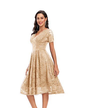 Women's Crushed Lace Prom Dresses V Neck Vintage Dresses Short Sleeve Formal Swing Dresses Bridesmaid Cocktail Party Dresses