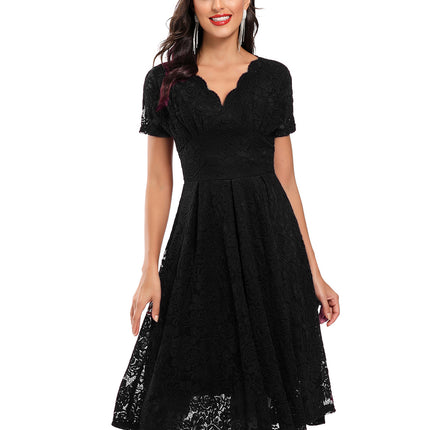 Women's Crushed Lace Prom Dresses V Neck Vintage Dresses Short Sleeve Formal Swing Dresses Bridesmaid Cocktail Party Dresses