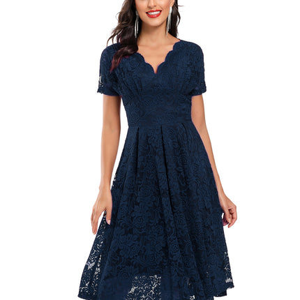 Women's Crushed Lace Prom Dresses V Neck Vintage Dresses Short Sleeve Formal Swing Dresses Bridesmaid Cocktail Party Dresses