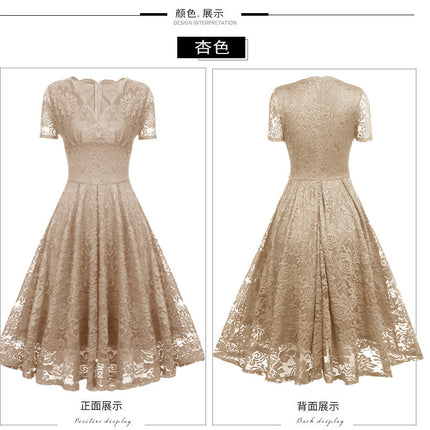 Women's Crushed Lace Prom Dresses V Neck Vintage Dresses Short Sleeve Formal Swing Dresses Bridesmaid Cocktail Party Dresses