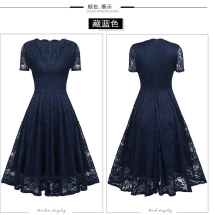 Women's Crushed Lace Prom Dresses V Neck Vintage Dresses Short Sleeve Formal Swing Dresses Bridesmaid Cocktail Party Dresses