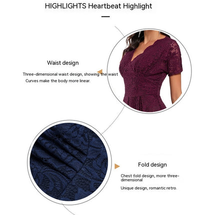 Women's Crushed Lace Prom Dresses V Neck Vintage Dresses Short Sleeve Formal Swing Dresses Bridesmaid Cocktail Party Dresses