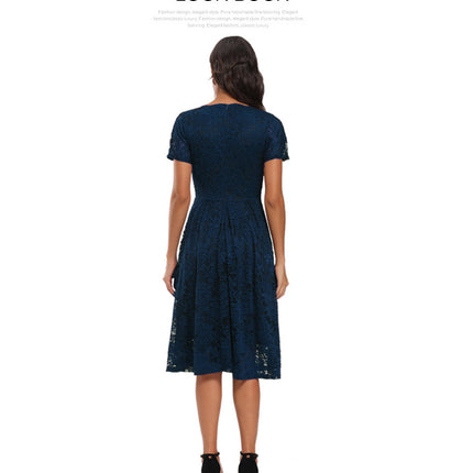 Women's Crushed Lace Prom Dresses V Neck Vintage Dresses Short Sleeve Formal Swing Dresses Bridesmaid Cocktail Party Dresses