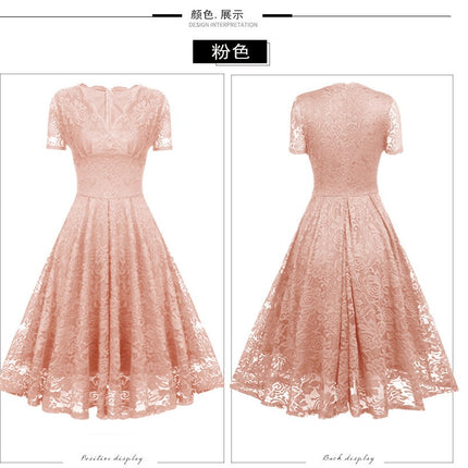 Women's Crushed Lace Prom Dresses V Neck Vintage Dresses Short Sleeve Formal Swing Dresses Bridesmaid Cocktail Party Dresses