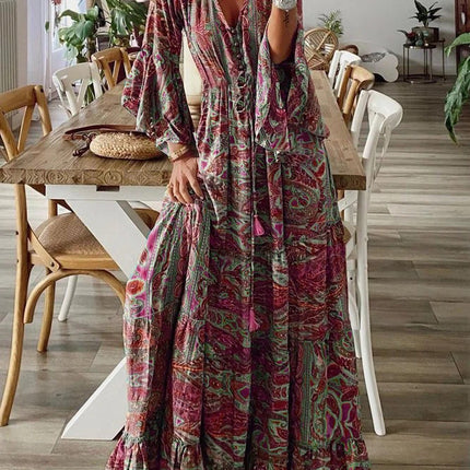 Women's Casual Summer Boho Crushed Floral Printed V Neck Flared Sleeve High Waist Dresses High Waist Beach Long Dresses
