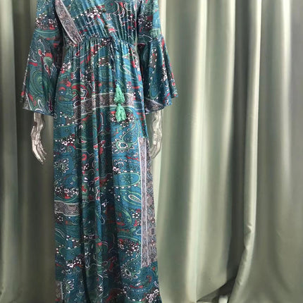 Women's Casual Summer Boho Crushed Floral Printed V Neck Flared Sleeve High Waist Dresses High Waist Beach Long Dresses