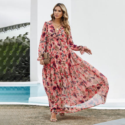 Women's long-sleeved tulle floral dress V-neck ruffled loose casual chiffon long skirt