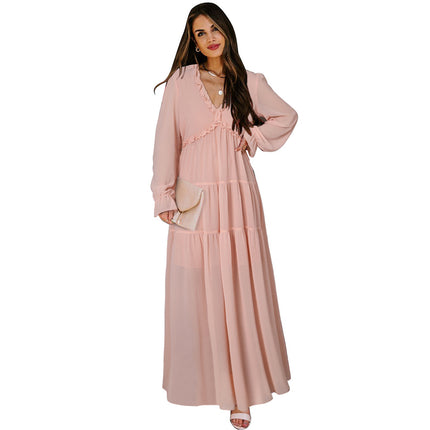 Women's long-sleeved tulle floral dress V-neck ruffled loose casual chiffon long skirt