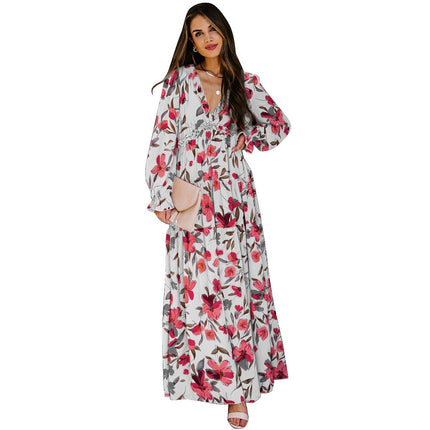 Women's long-sleeved tulle floral dress V-neck ruffled loose casual chiffon long skirt
