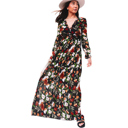 Women's long-sleeved tulle floral dress V-neck ruffled loose casual chiffon long skirt