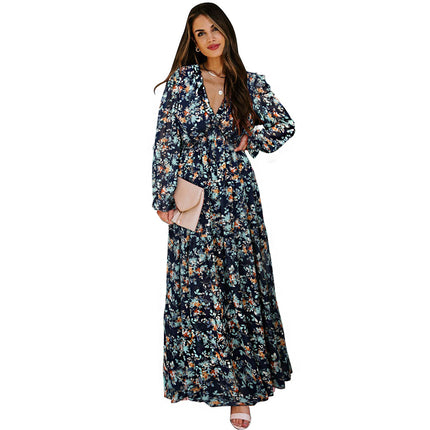 Women's long-sleeved tulle floral dress V-neck ruffled loose casual chiffon long skirt