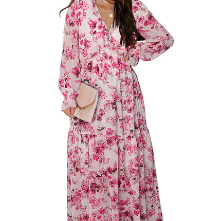 Women's long-sleeved tulle floral dress V-neck ruffled loose casual chiffon long skirt