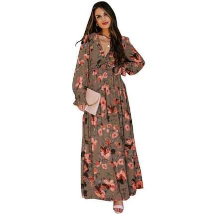 Women's long-sleeved tulle floral dress V-neck ruffled loose casual chiffon long skirt