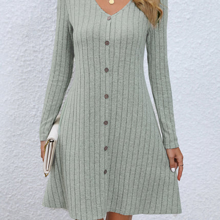 Women's Ribbed Knit Dresses Waisted Long Sleeve Button Knit One-piece Dresses Fall and Winter Round Neck Pullover Sweater Dresses