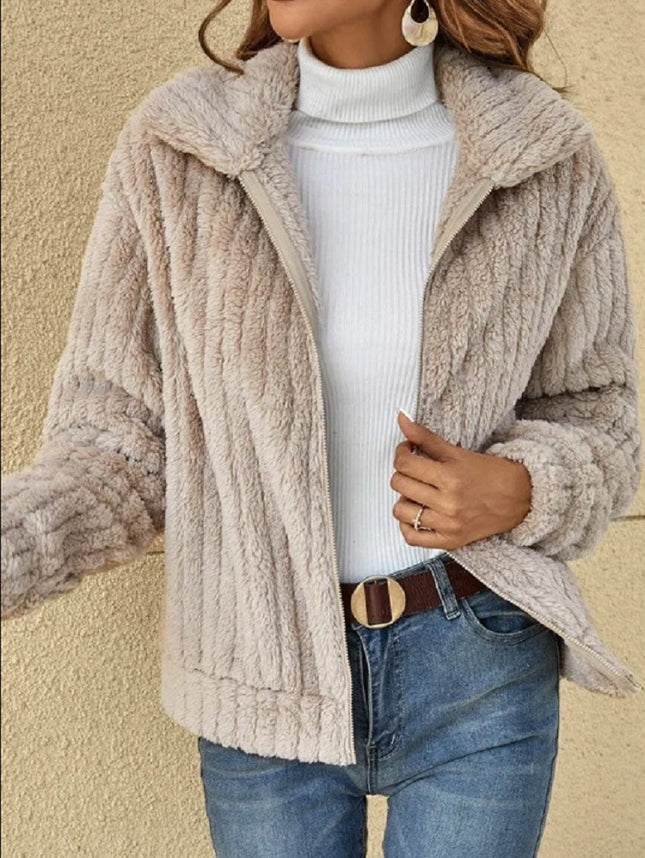 Autumn plush cardigan lapel jacket short jacket lapel zipper winter coat warm plush pit stripes fleece casual tops