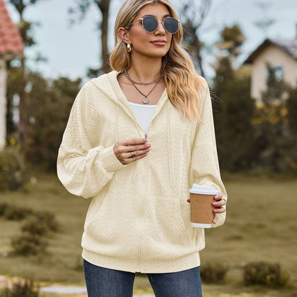 Women's Zipper Hoodie Drawstring Solid Color Cardigan Jacket Comfortable Casual with Pockets Sweatshirt Soft Loose Jacket