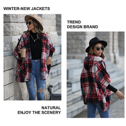 Women's Winter Warm Casual Plaid Shaggy Coat Hooded Five-Quarter Sleeve Loose Scottish Style Unbuttoned Coat