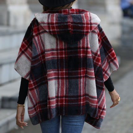Women's Winter Warm Casual Plaid Shaggy Coat Hooded Five-Quarter Sleeve Loose Scottish Style Unbuttoned Coat