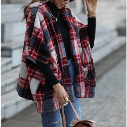 Women's Winter Warm Casual Plaid Shaggy Coat Hooded Five-Quarter Sleeve Loose Scottish Style Unbuttoned Coat