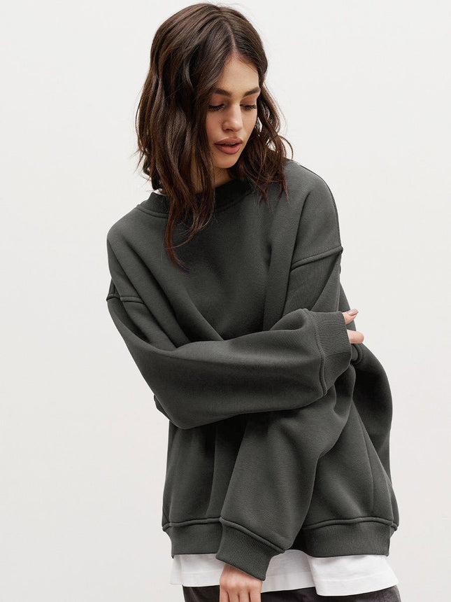 Women's Autumn and Winter Round Neck Loose Sweatshirt Women Autumn and Winter Solid Color Rocking Grain Velvet Pullover Sweatshirt